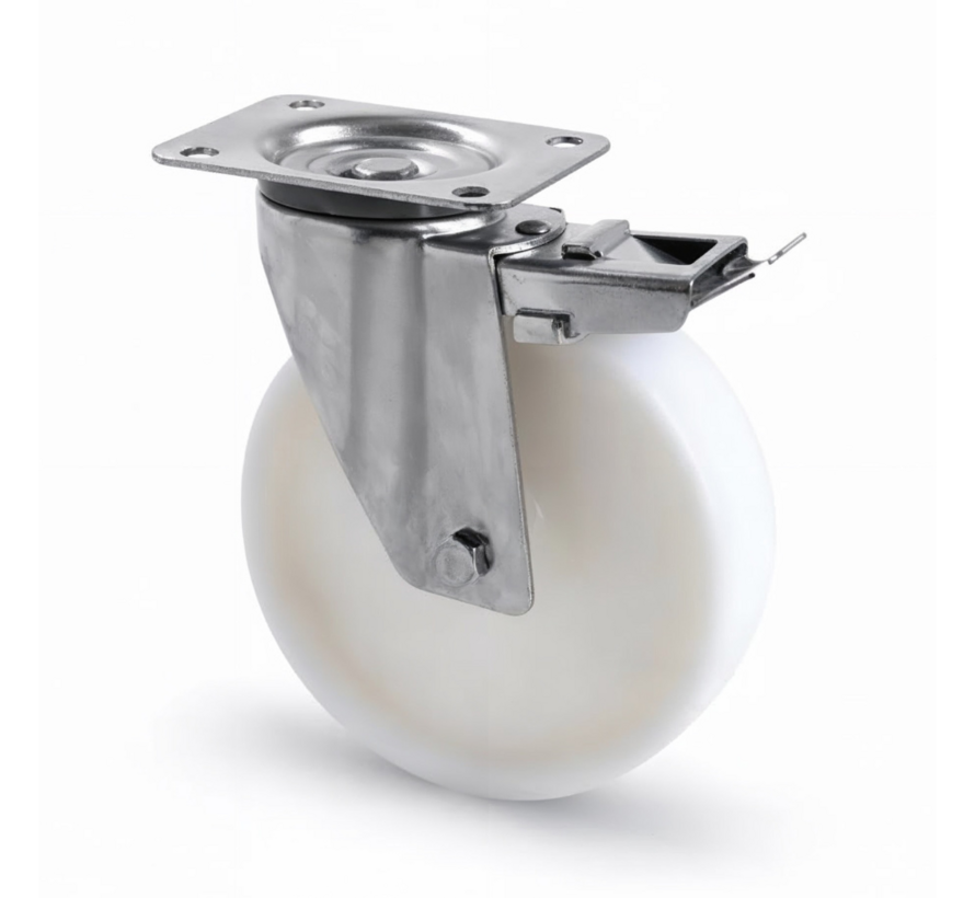 Robuust zwenkwiel van roestvrij staal met rem, Ø 160 mm polyamide (PA6) wiel, glijlager - draagvermogen 300 kg voor industrieel gebruik