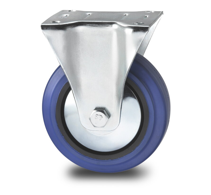 Industriële vaste zwenkwiel van geperst staal, plaatbevestiging, elastische band, rollager, wieldiameter 100 mm, 150 kg