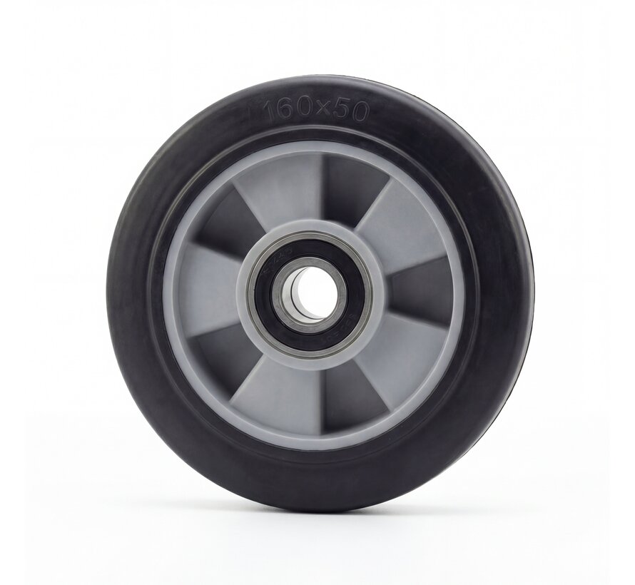 Industrieel wiel Ø160x50mm, elastische rubberen band, aluminium velg, precisiekogellager, asgat Ø20mm, naaflengte 60mm – draagvermogen 300kg