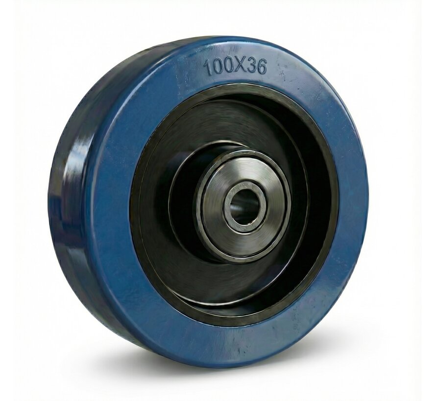 Wheel, Ø 100mm, vulcanised blue elastic rubber tyre with plastic wire caps 180KG