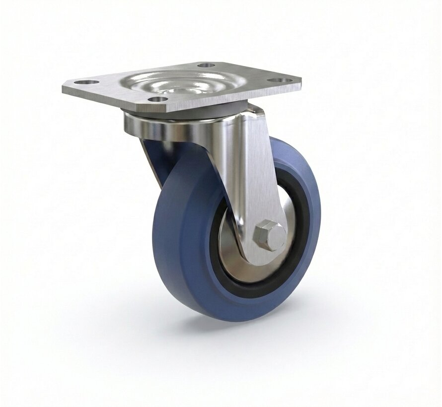 Industriële zwenkwielen van geperst staal, plaatbevestiging, elastische band, rollager, wieldiameter 125 mm, 150 kg