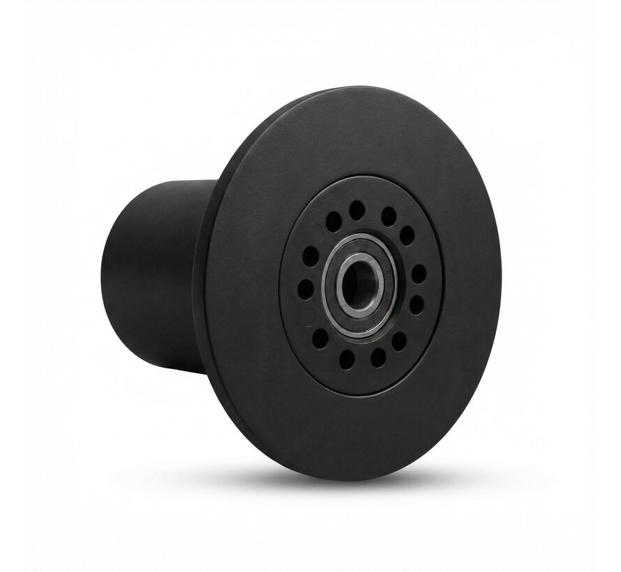 Flange roller POM 163mm diameter for axle 20mm for harvest wagons on tube-rail system also called the "Konijnenburg trumpet roller"
