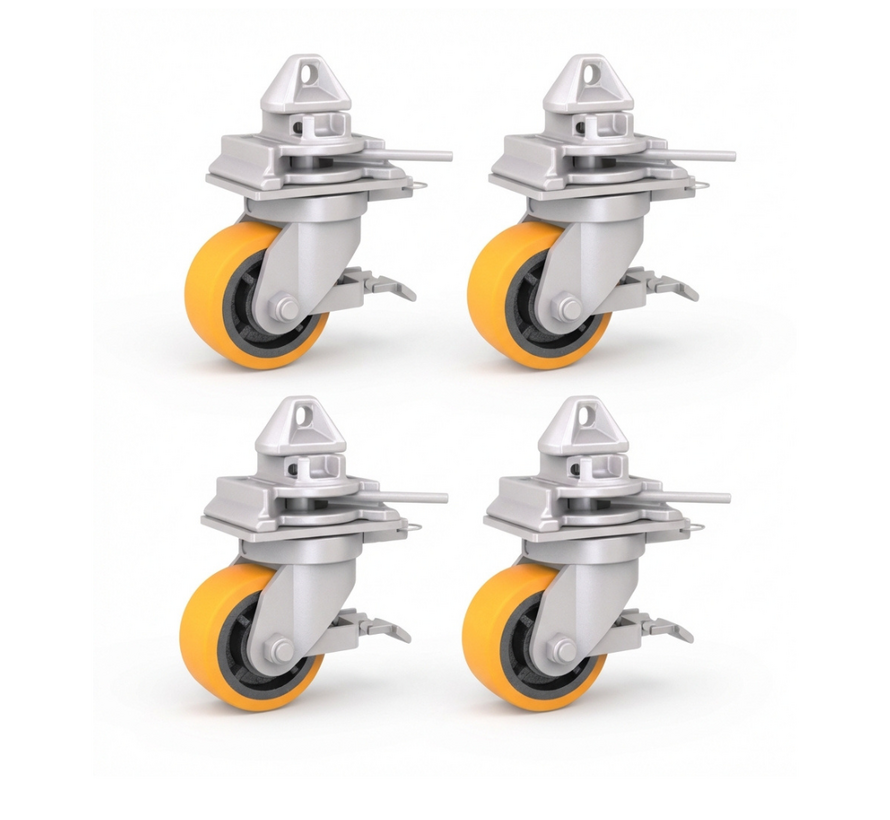 4 x castor wheels with twist-lock mechanisms which are easy to fit onto the corner castings of standard intermodal shipping containers