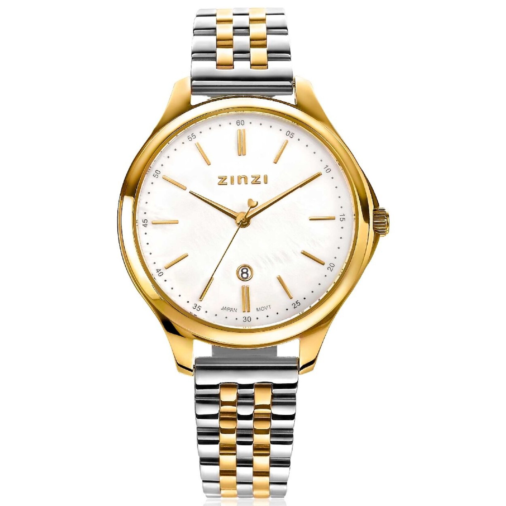 Zinzi ZINZI Classy horloge 34mm wit parelmoer wijzerplaat goudkleurige stalen kast en bicolor band, datum ziw1034