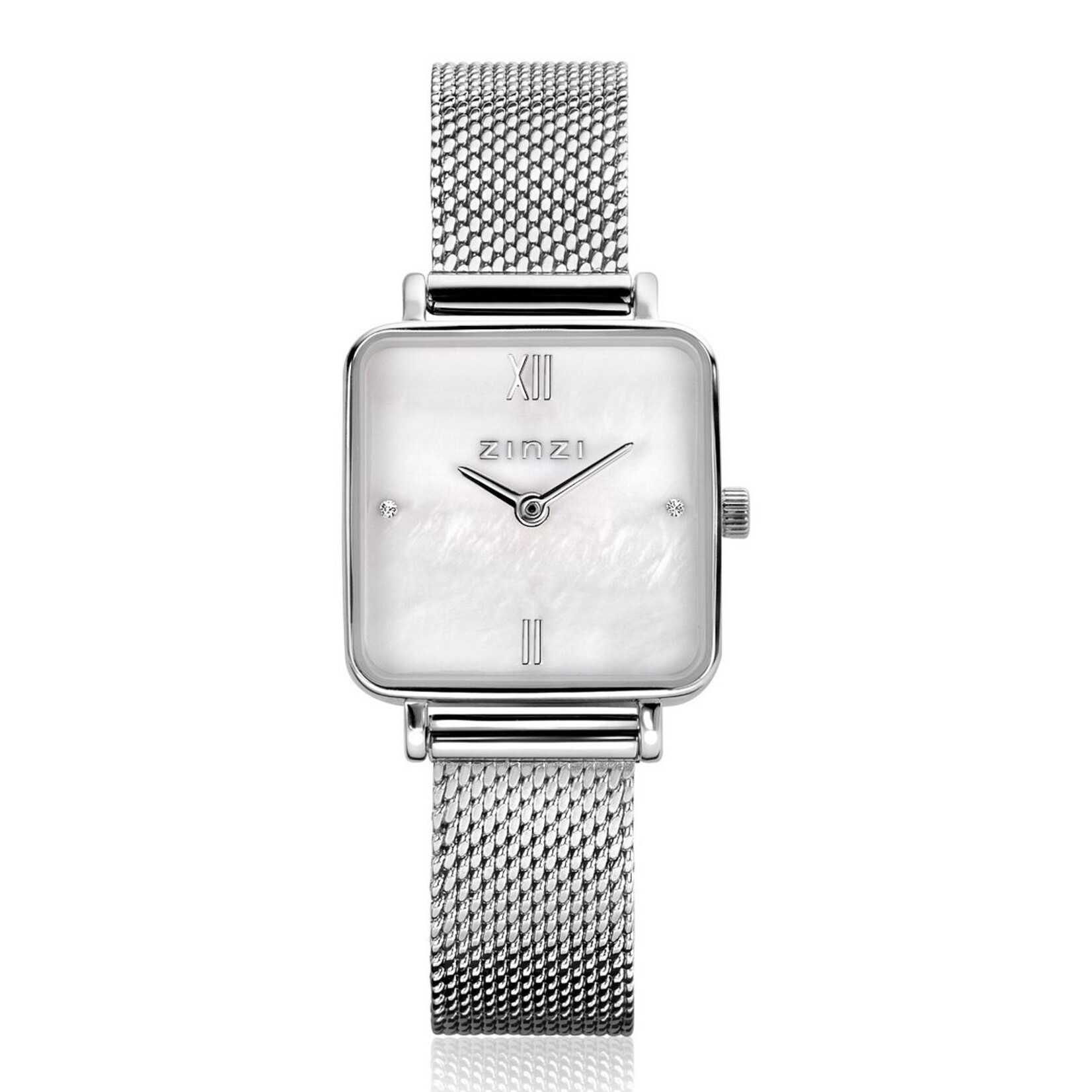 Zinzi ZINZI Square mini horloge witte parelmoer wijzerplaat en vierkante zilverkleurige kast stalen mesh band 22mm extra dun ziw1717