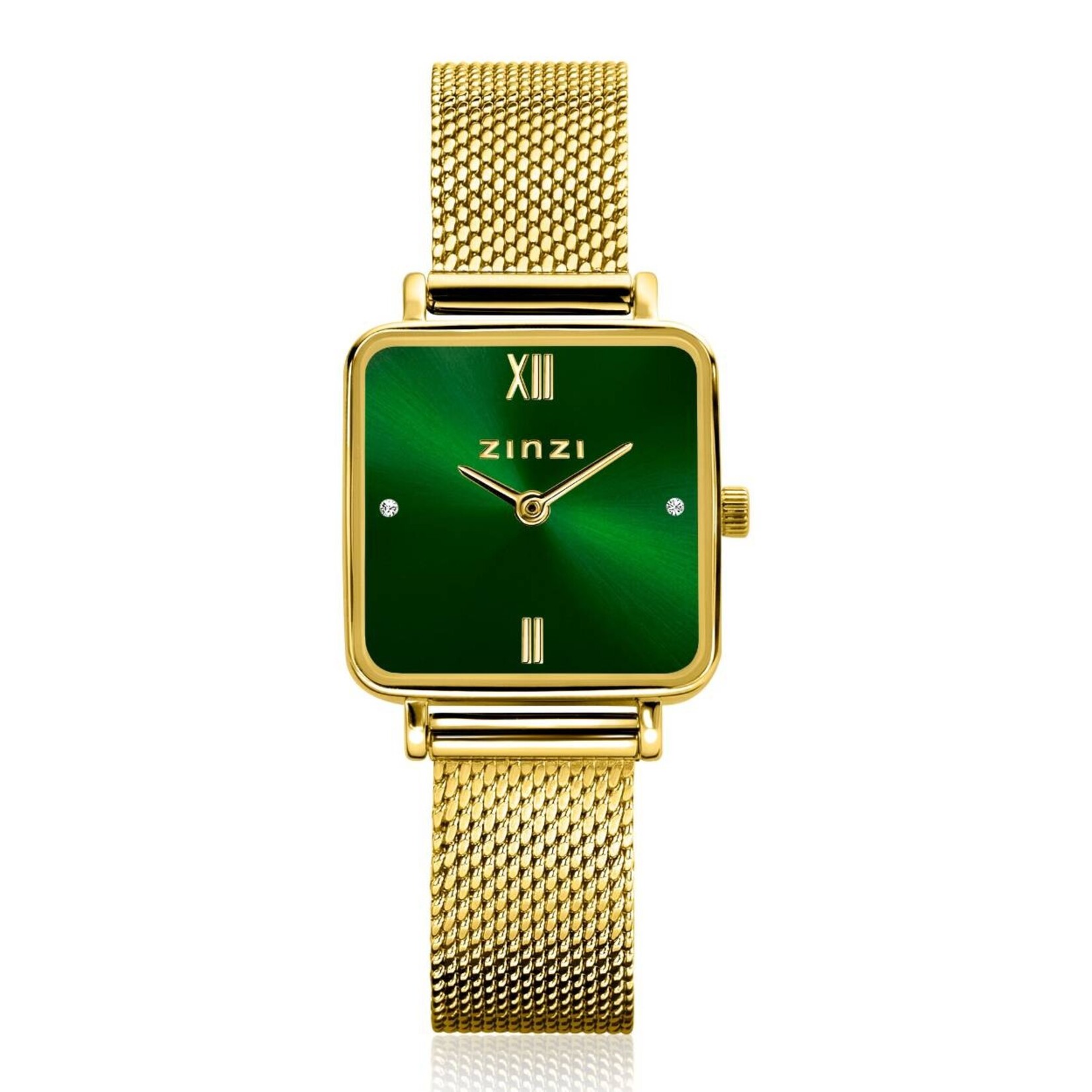 Zinzi ZINZI Square Mini horloge groene wijzerplaat en vierkante geelgoudkleurige kast stalen mesh band 22mm extra dun ZIW1735