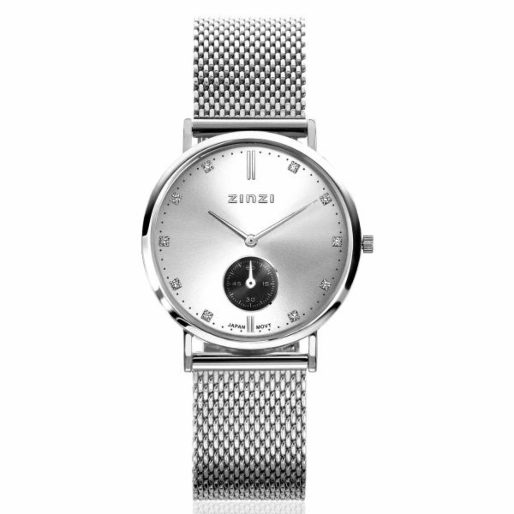 Zinzi ZINZI Glam horloge zilverkleurige wijzerplaat stalen kast stalen mesh band grijze chrono 34mm extra dun ZIW539M