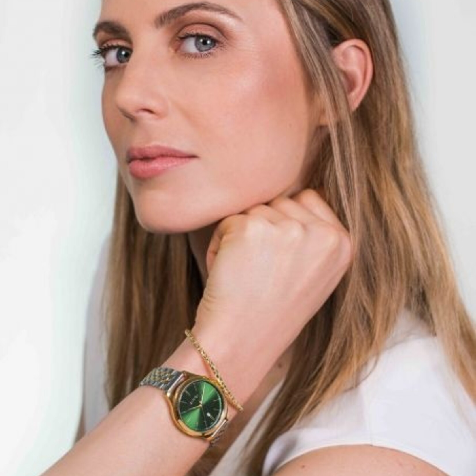 Zinzi ZINZI Classy horloge 34mm groene wijzerplaat goudkleurige stalen kast en bicolor band, datum ziw1035