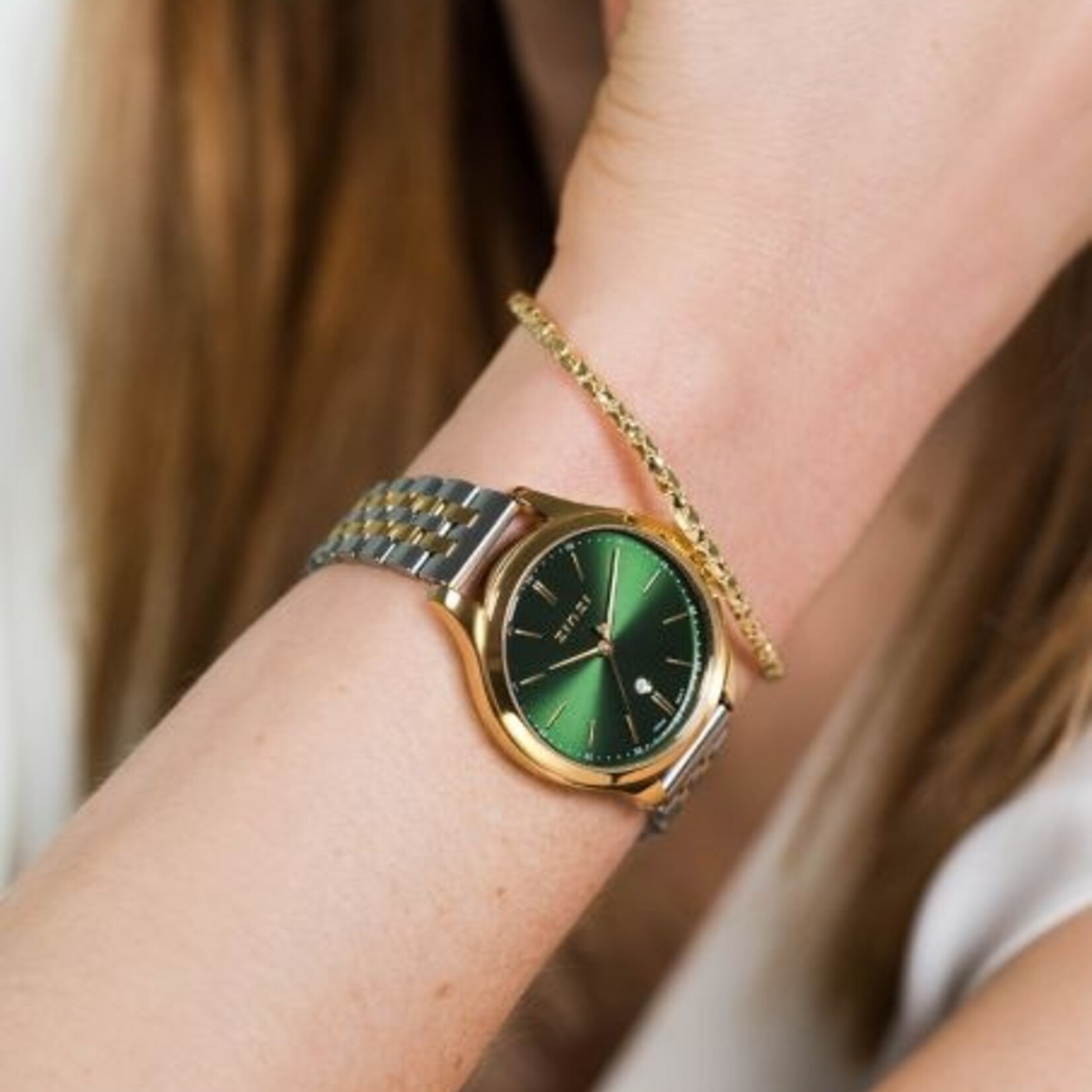 Zinzi ZINZI Classy horloge 34mm groene wijzerplaat goudkleurige stalen kast en bicolor band, datum ziw1035