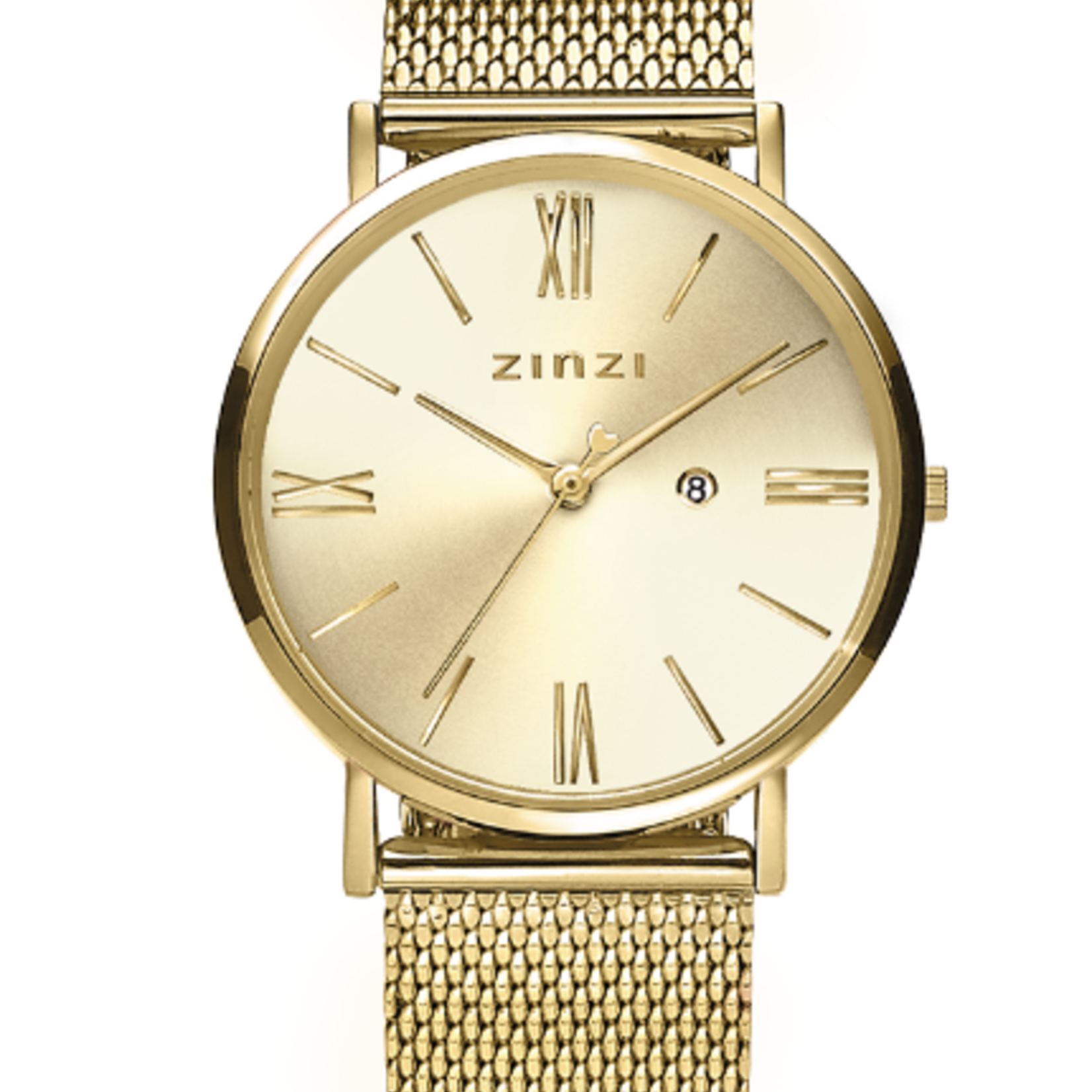 Zinzi ZINZI Roman horloge goudkleurige wijzerplaat stalen kast geelgoudkleurig stalen mesh band geelgoudkleurig 34mm extra dun ZIW510M