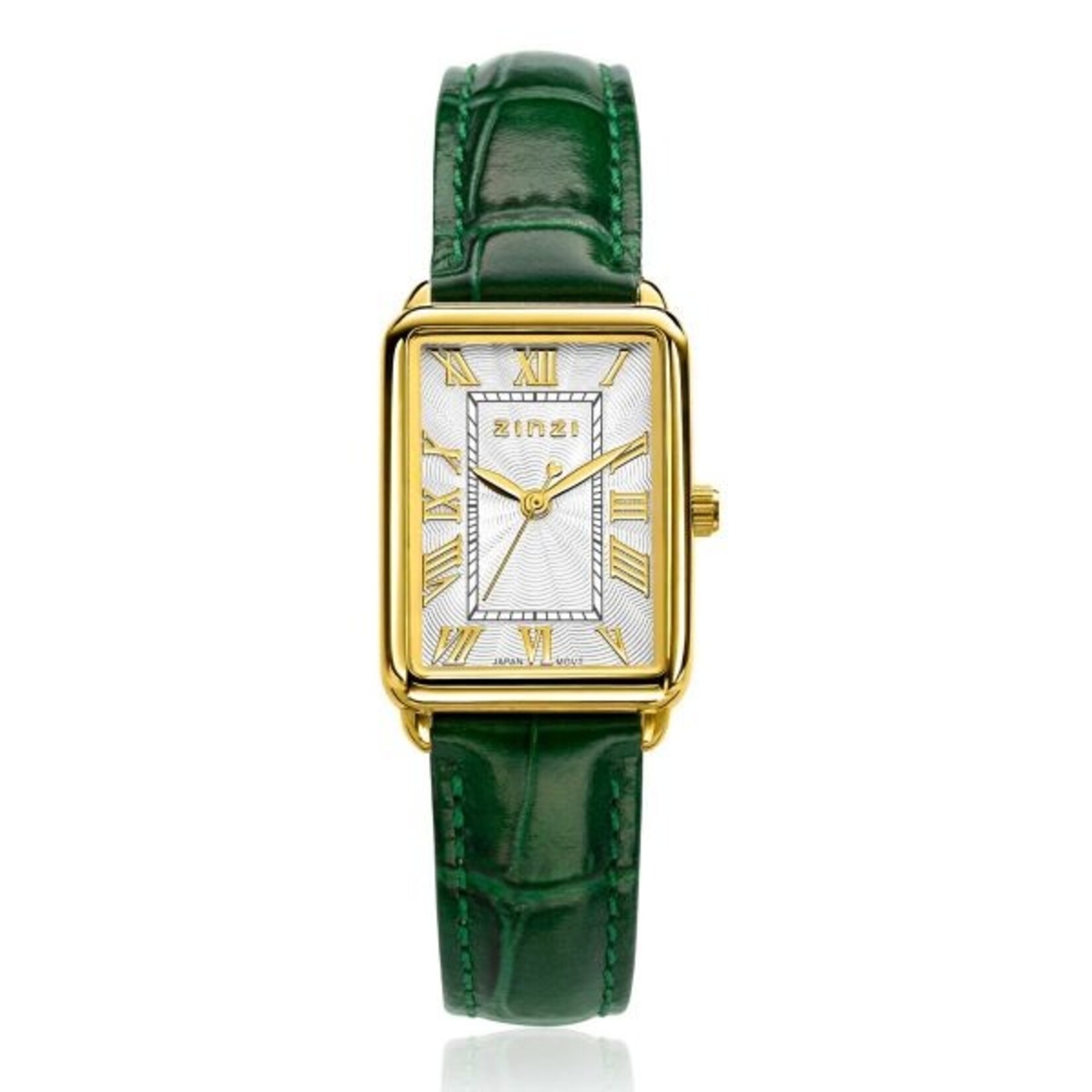 Zinzi ZINZI Elegance bicolor horloge witte wijzerplaat en rechthoekige goudkleurige kast en groene leren band 28mm extra dun ZIW1907G