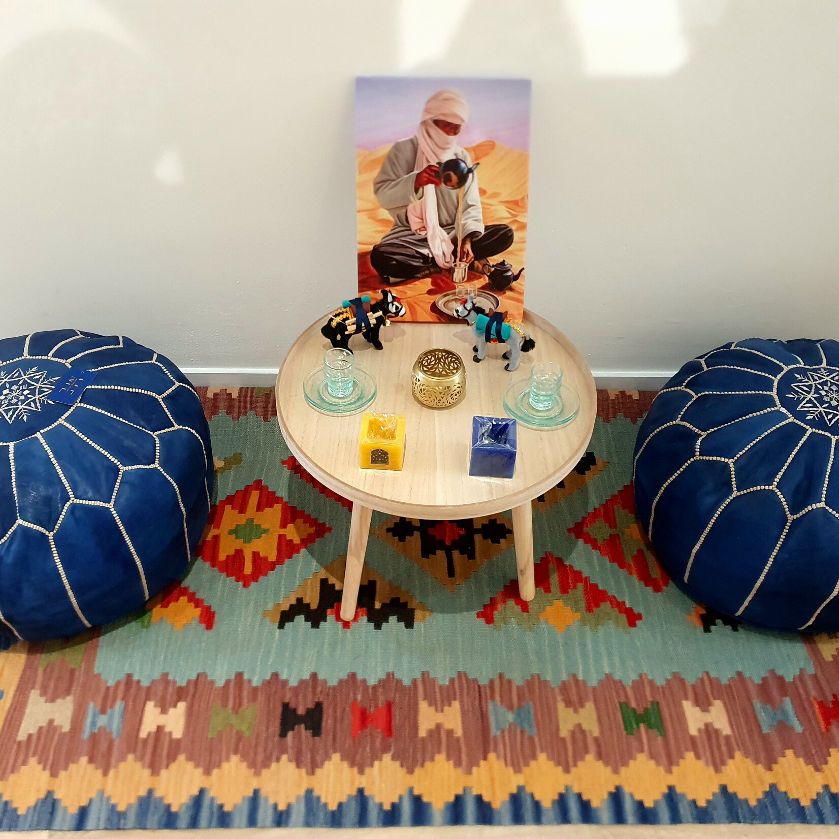 Blue Moroccan pouf in handmade leather