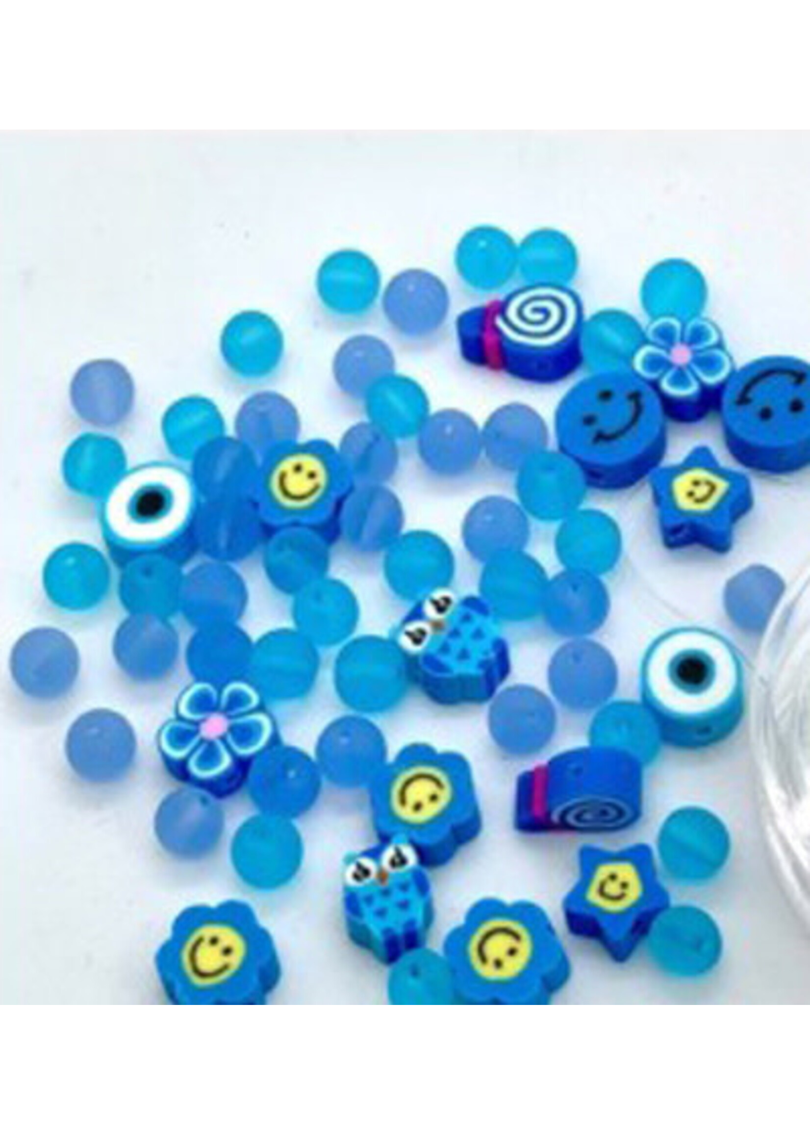 Hobby & crafting Fun Kralen - Katsuki Smileys & glaskralen met draad - Blauw (64 stuks)