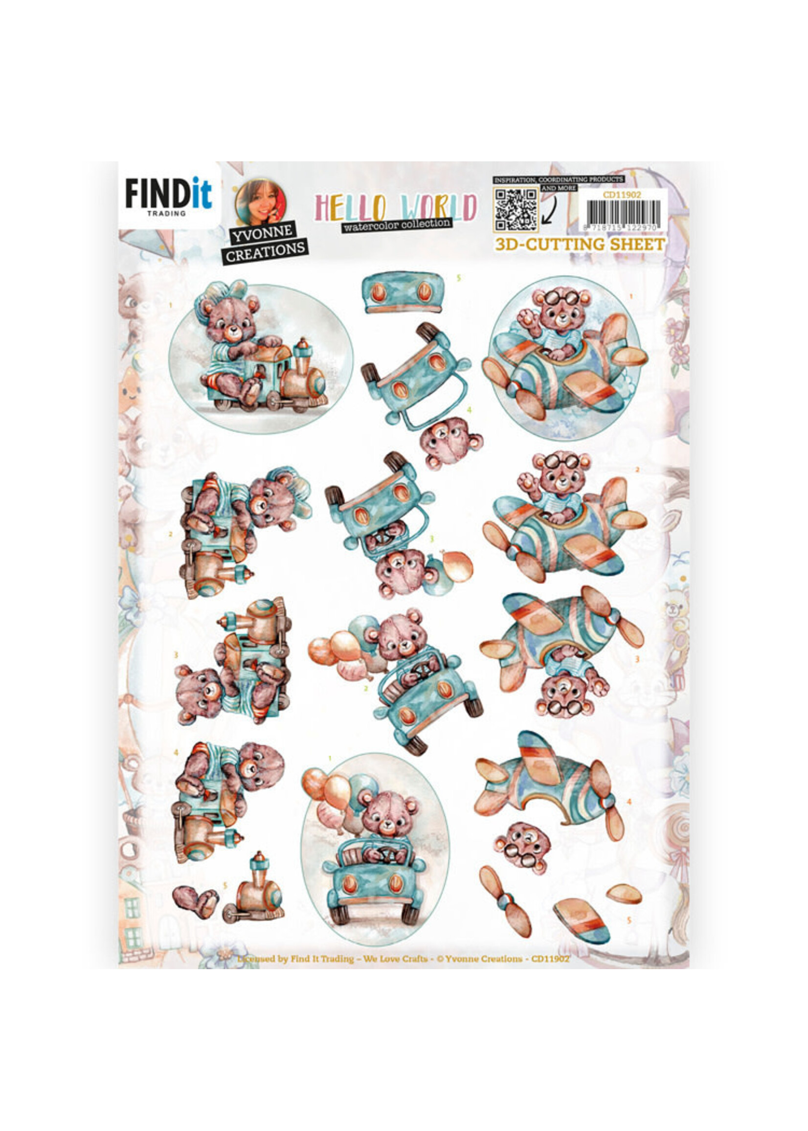 Yvonne Creations 3D Cutting Sheet - Yvonne Creations - Hello World - Playing Teddybear