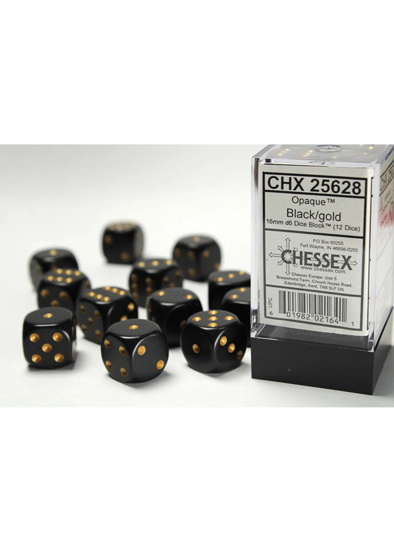 Chessex Dobbelsteen D6 zwart-goud 16 mm (per stuk)