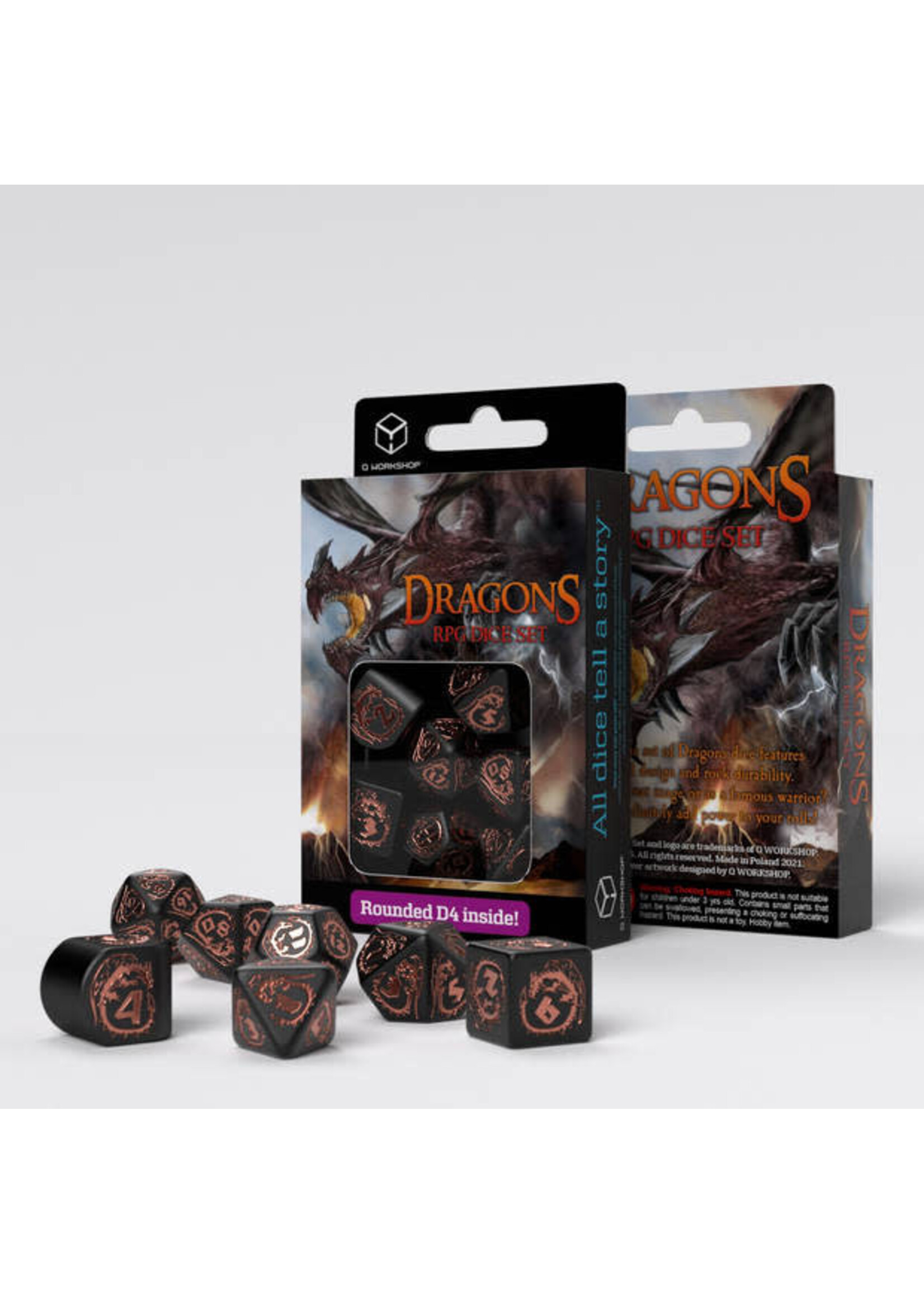 Q Workshop Dragons Modern Dice Set Black & Copper (7 stuks)
