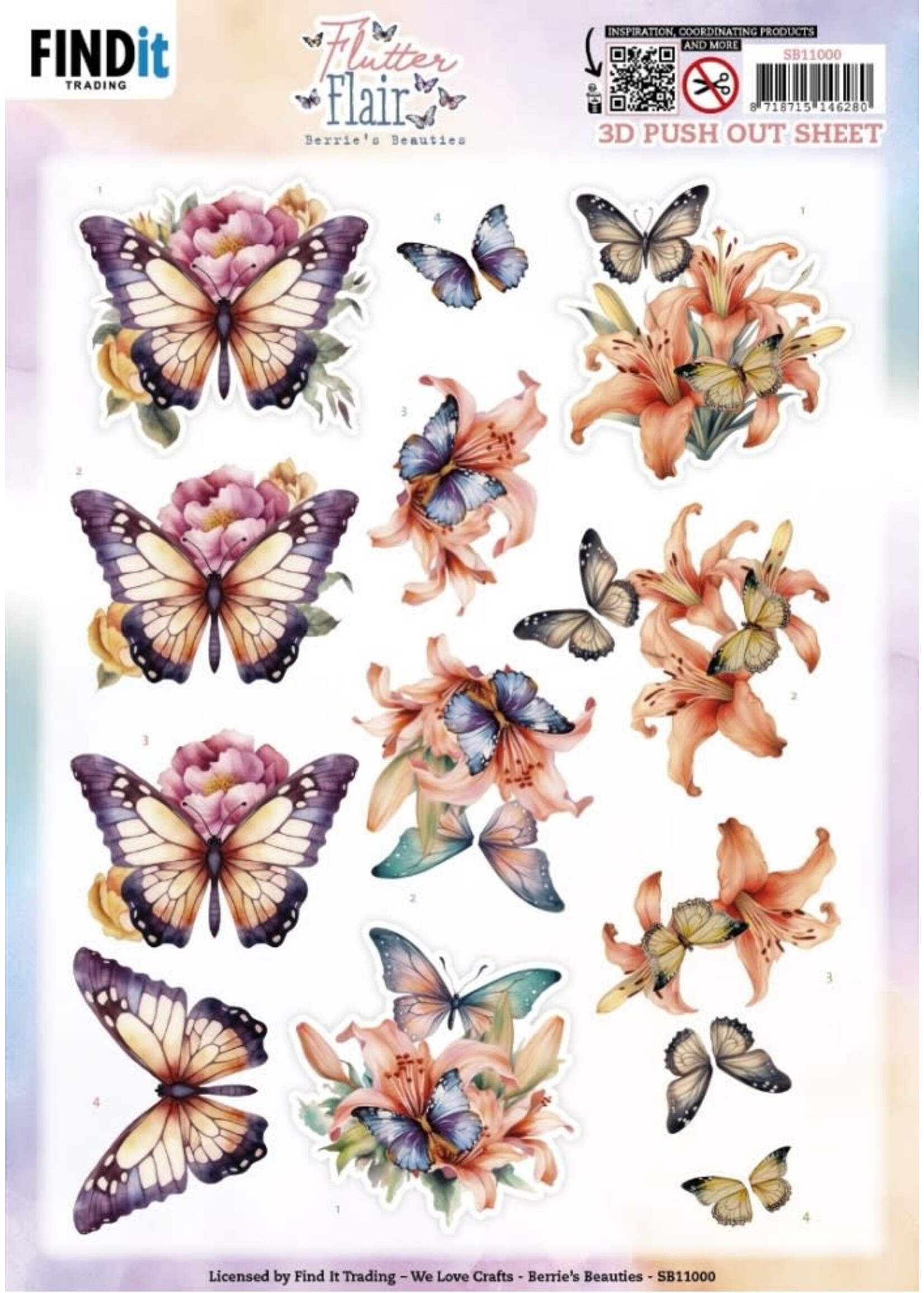 Find it Trading 3D Push out Sheet - Berries Beauties - Flutter Flair - Orange Flutters