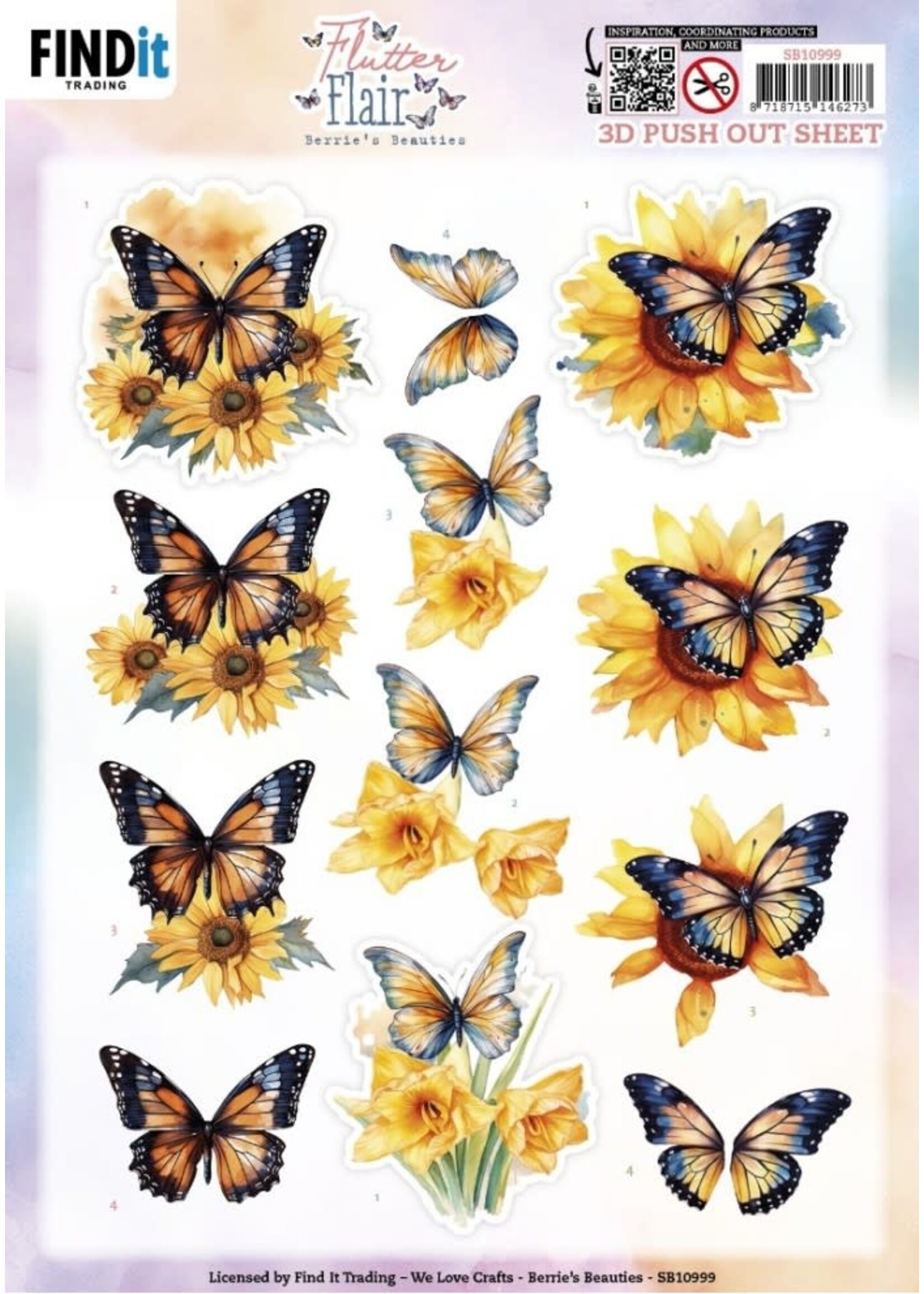 Find it Trading 3D Push out Sheet - Berries Beauties - Flutter Flair - Yellow Flutters