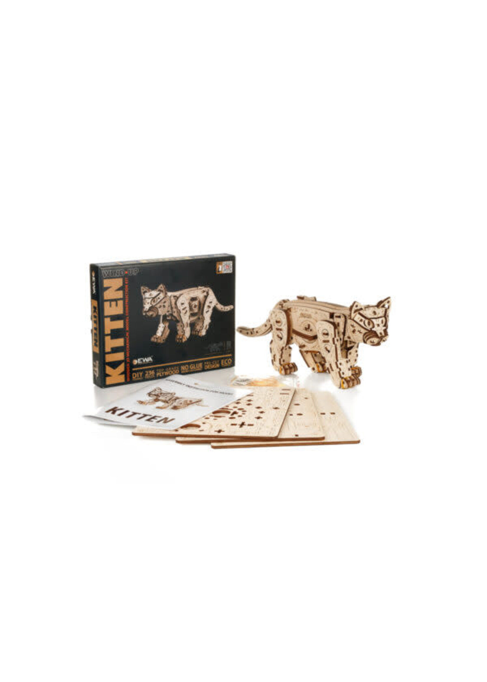 Wind-Up 3D Modelbouwpakket, Dieren Producten DIY 3D Mechanische Houten Puzzel, Kitten, Eco Wood Art