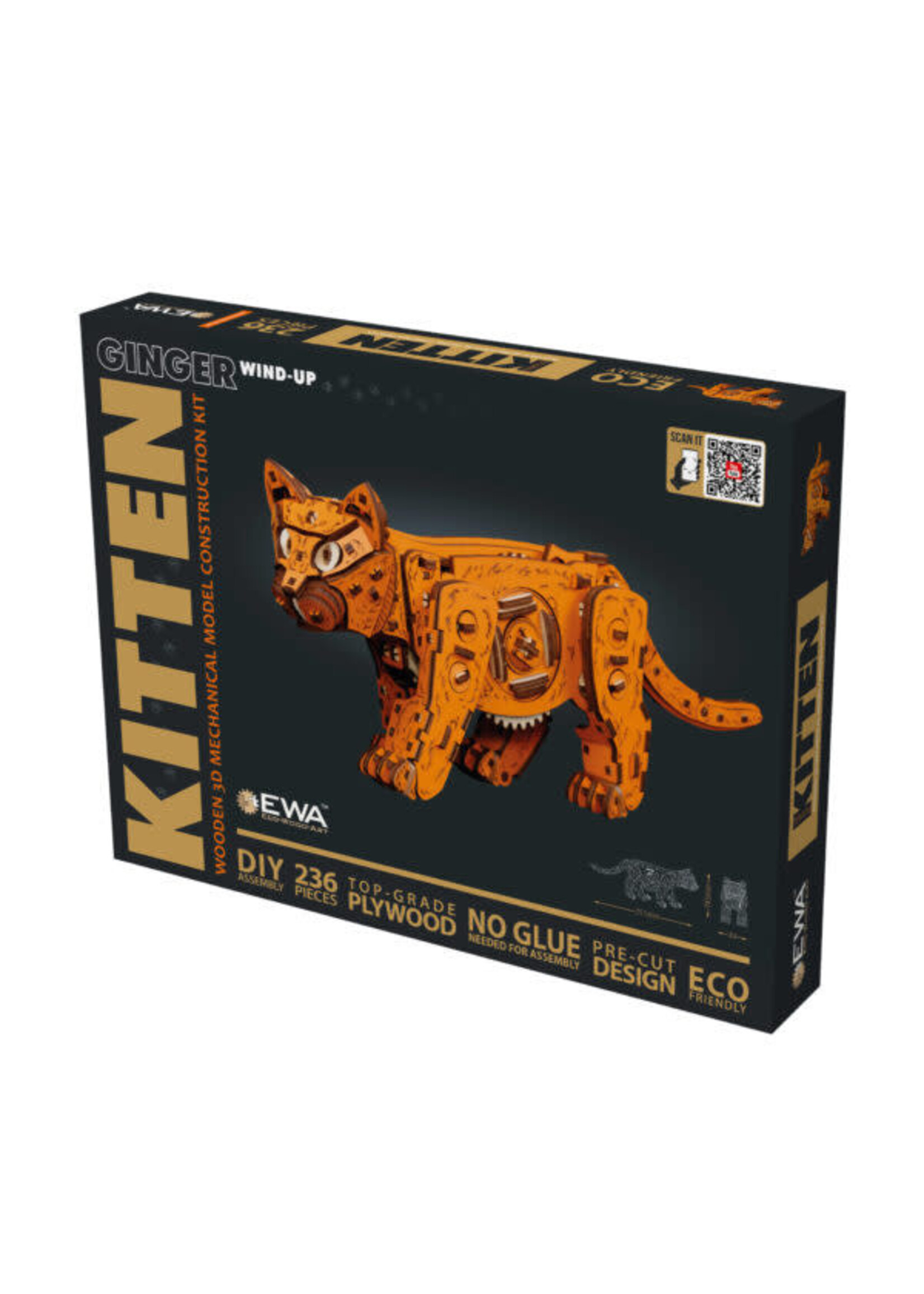 Wind-Up DIY 3D Mechanische Houten Puzzel, Kitten Ginger, Eco Wood Art
