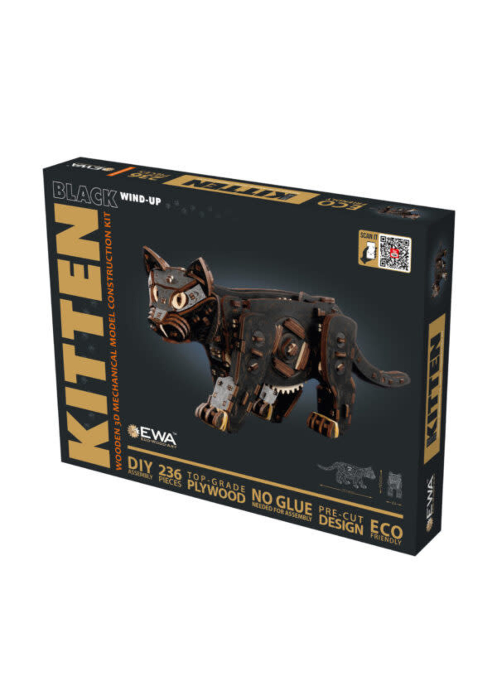 Wind-Up DIY 3D Mechanische Houten Puzzel, Kitten Black, Eco Wood Art