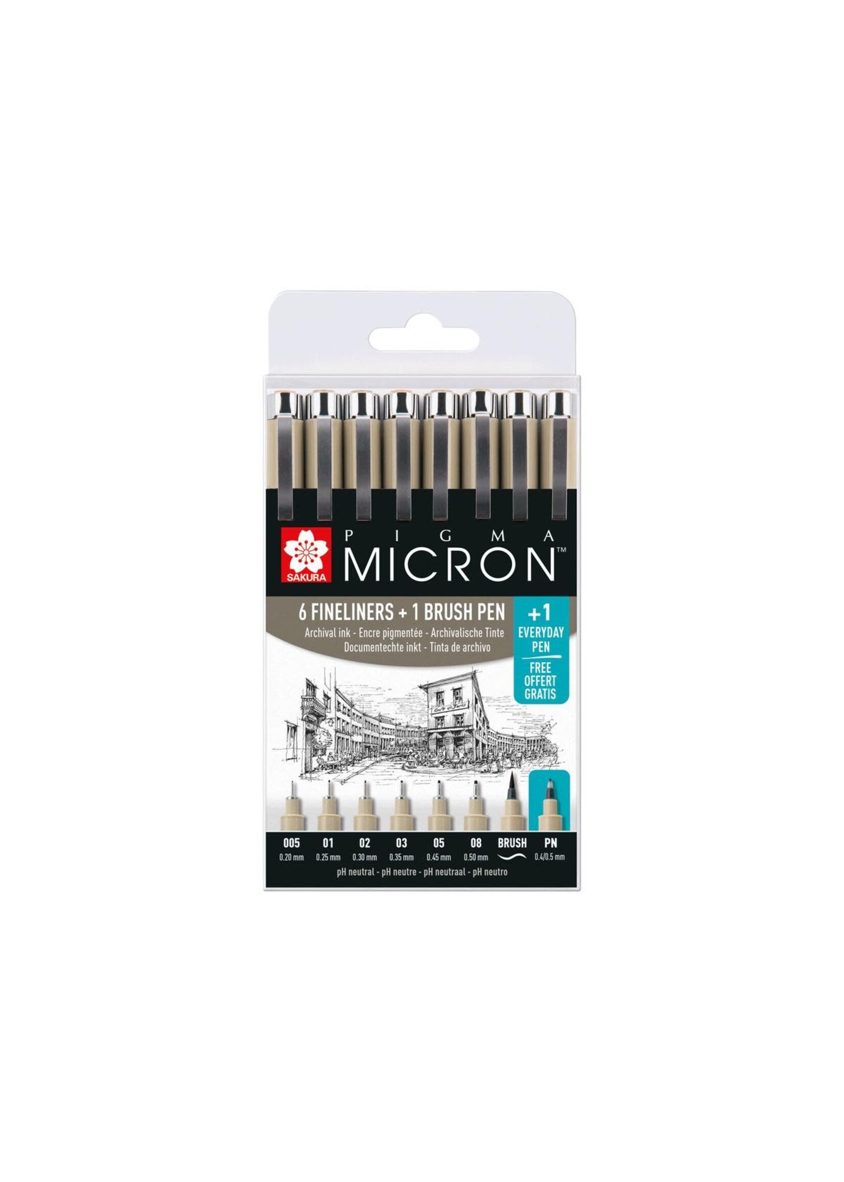 SAKURA Sakura Pigma Micron Etui Promotieset met 7 fineliners Zwart + 1 gratis Pigma Micron PN