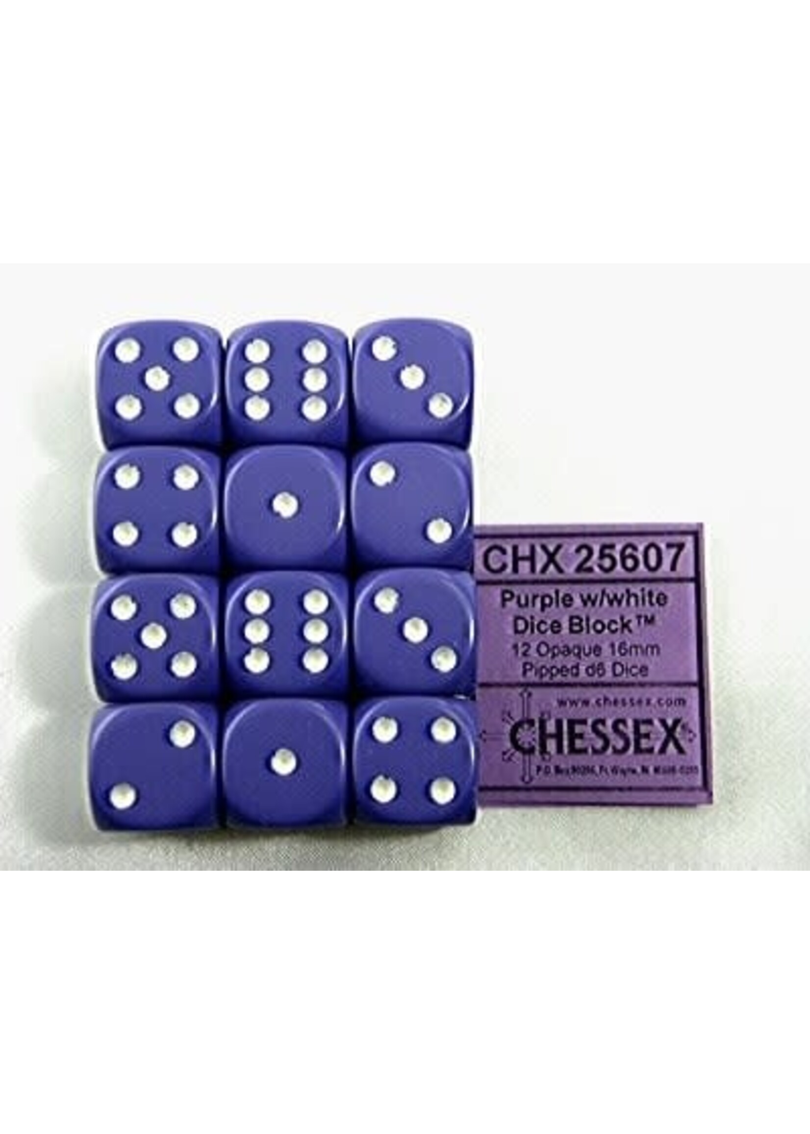 Chessex Opaque Purple/white D6 16mm Dobbelsteen (Enkel)