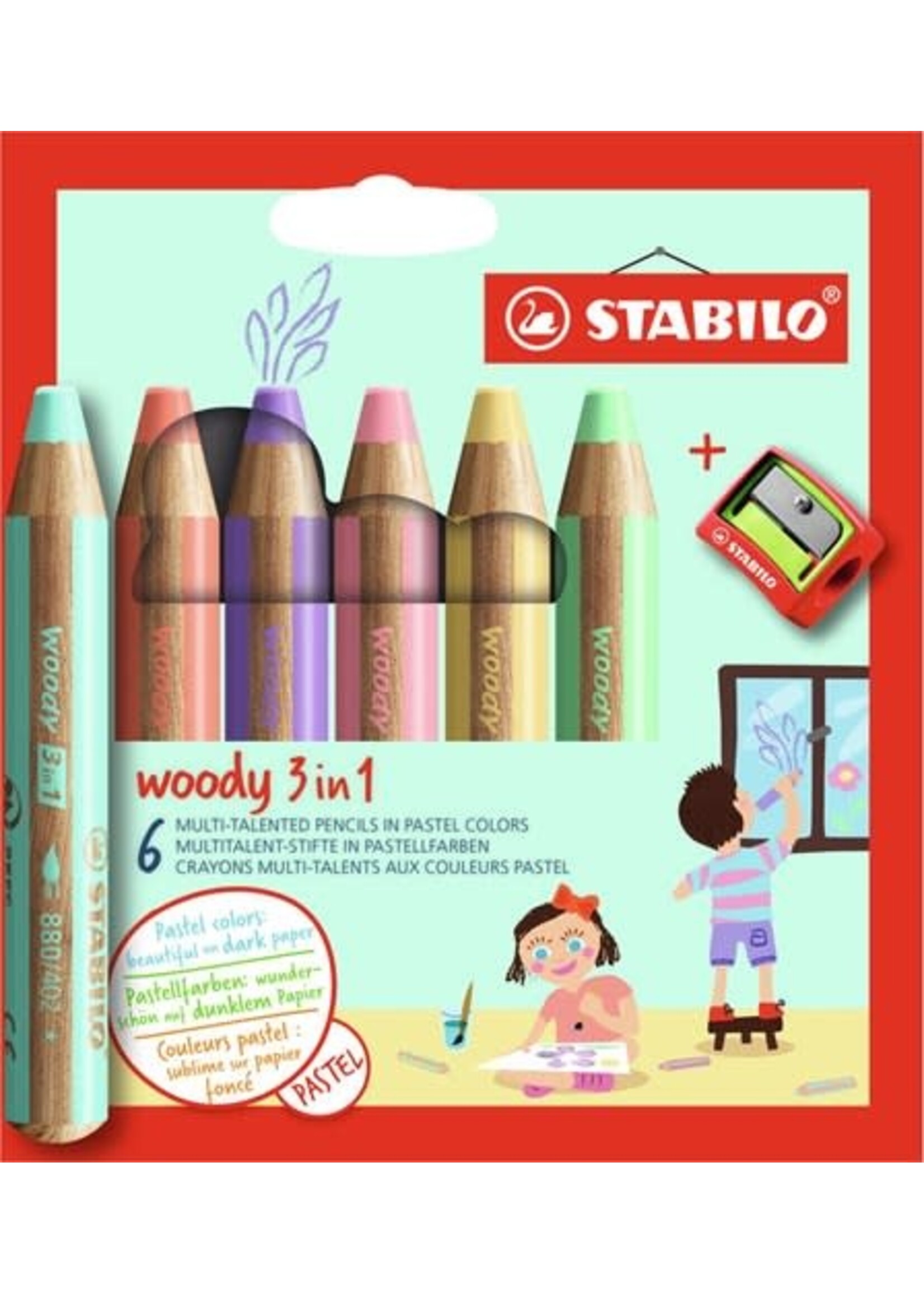 Stabilo Woody 3in1 Pastel cardboard wallet 6 pcs + sharpener