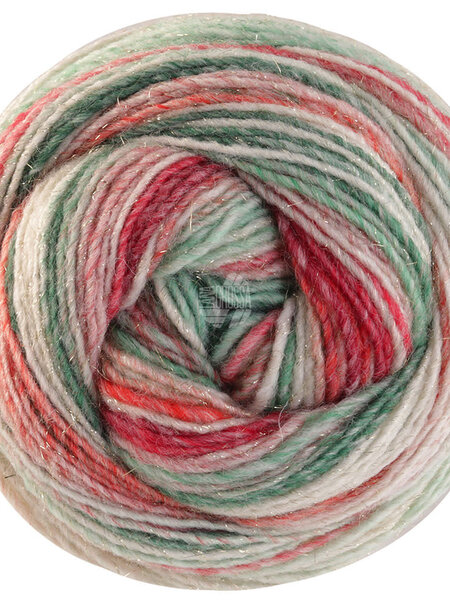 Lana Grossa Gomitolo Christmas Edition Lurex -115 groen/ecru/licht rood/bes/jade/bos groen/groen rood/bordeaux/oudroze