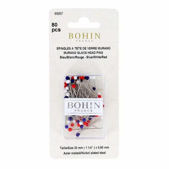 Bohin Glaskopspelden -Bohin -30x0,60mm blauw-rood-wit