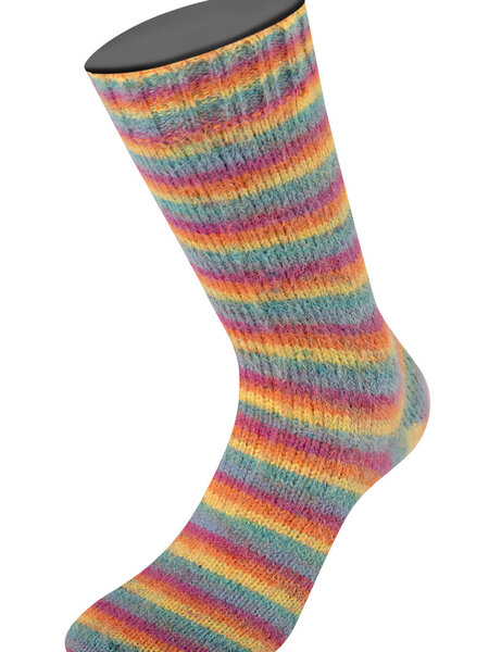 Lana Grossa Cosy Socks Multi Stripes -151 Petrol/Rookblauw/Fuchsia/Oranje/Geel
