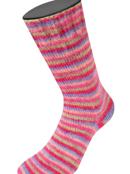Lana Grossa Cosy Socks Multi Stripes -152 Tulpenrood/Viooltjesblauw/Zalmroze/Roze/Lichtgroen