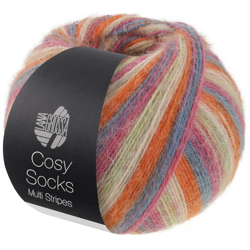 Lana Grossa Cosy Socks Multi Soft Stripes  -154 Donkergrijs/Grijsblauw/Fuchsia/Lichtgroen/ Crème/Oranje