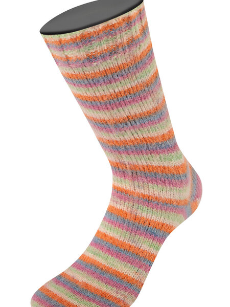 Lana Grossa Cosy Socks Multi Stripes  -154 Donkergrijs/Grijsblauw/Fuchsia/Lichtgroen/ Crème/Oranje