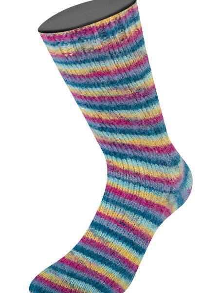 Lana Grossa Cosy Socks Multi Stripes  -155 Donkerpetrol/lichtturkoois/geel/orchidee/grijsviolet