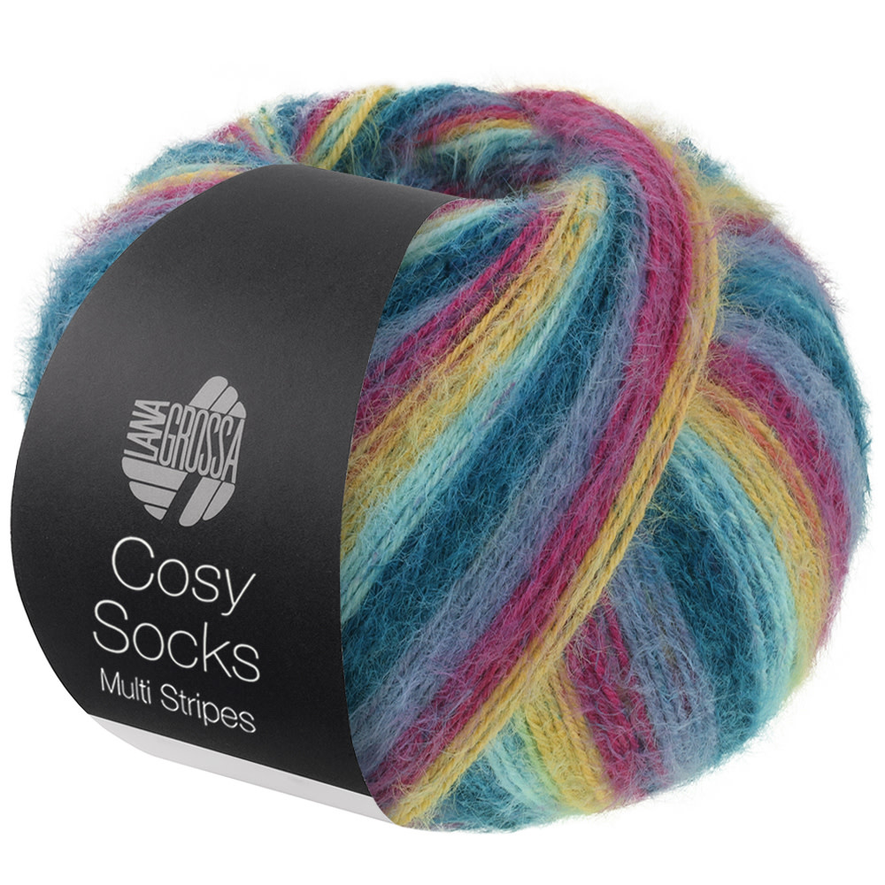 Lana Grossa Cosy Socks Multi Soft Stripes  -155 Donkerpetrol/lichtturkoois/geel/orchidee/grijsviolet
