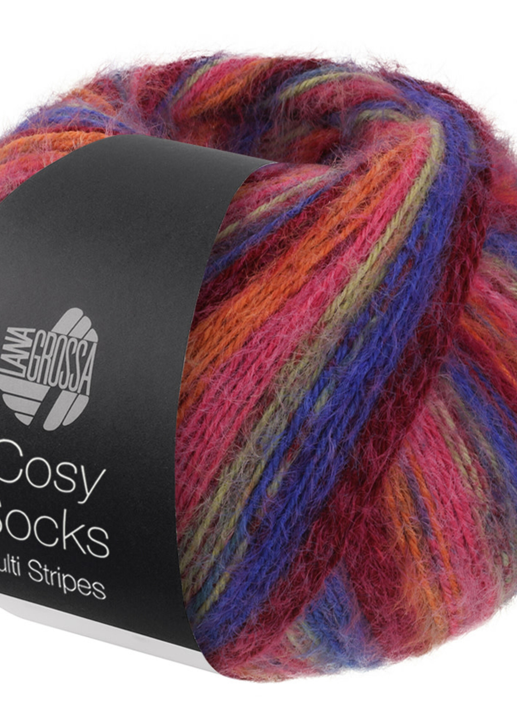 Lana Grossa Cosy Socks Multi Soft Stripes-Lana Grossa -156 Blauwviolet/wijnrood/pompoen/roze/grijsgroen