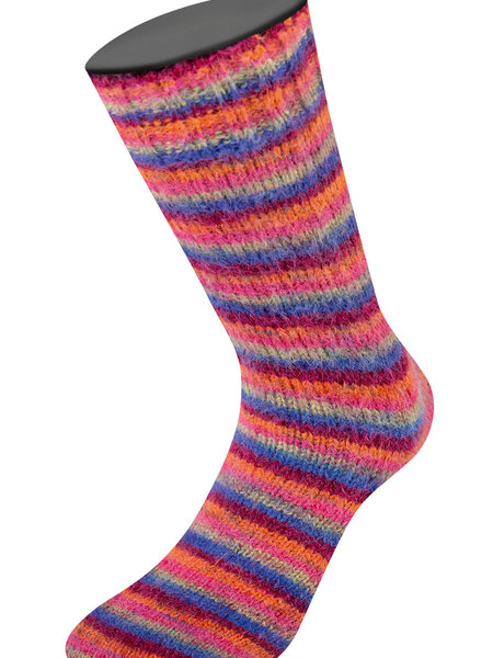 Lana Grossa Cosy Socks Multi Stripes  -156 Blauwviolet/wijnrood/pompoen/roze/grijsgroen