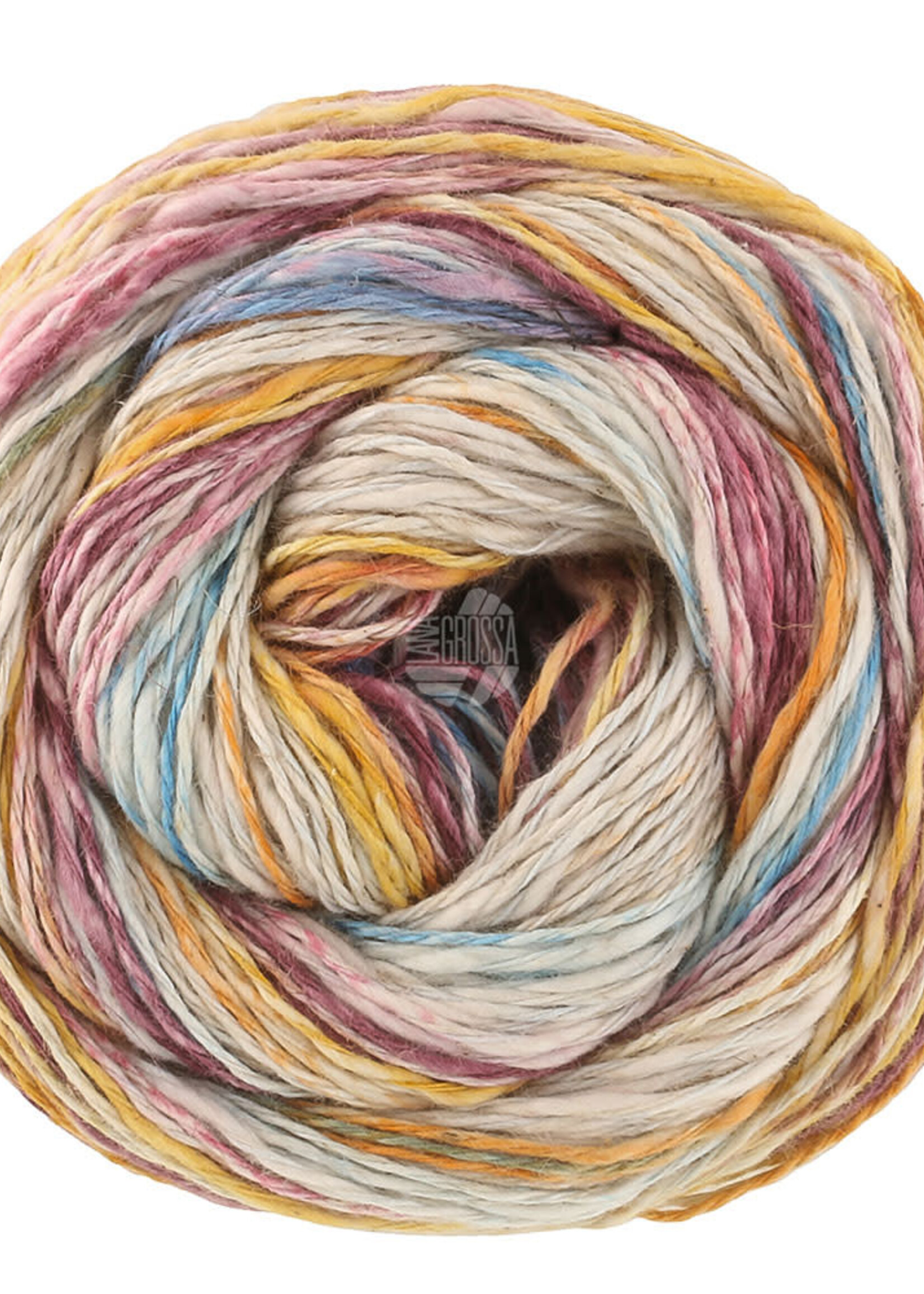 Lana Grossa Gomitolo California -Lana Grossa -3046 Zachtblauw/hemelsblauw/oker/saffraangeel/braambes/bes