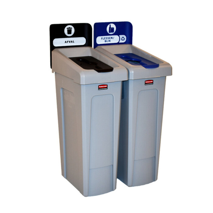 Rubbermaid Slim Jim Recyclingstation 2-stroom NL deksel gesloten (zwart)/flessen (blauw) (grijs, zwart, blauw)