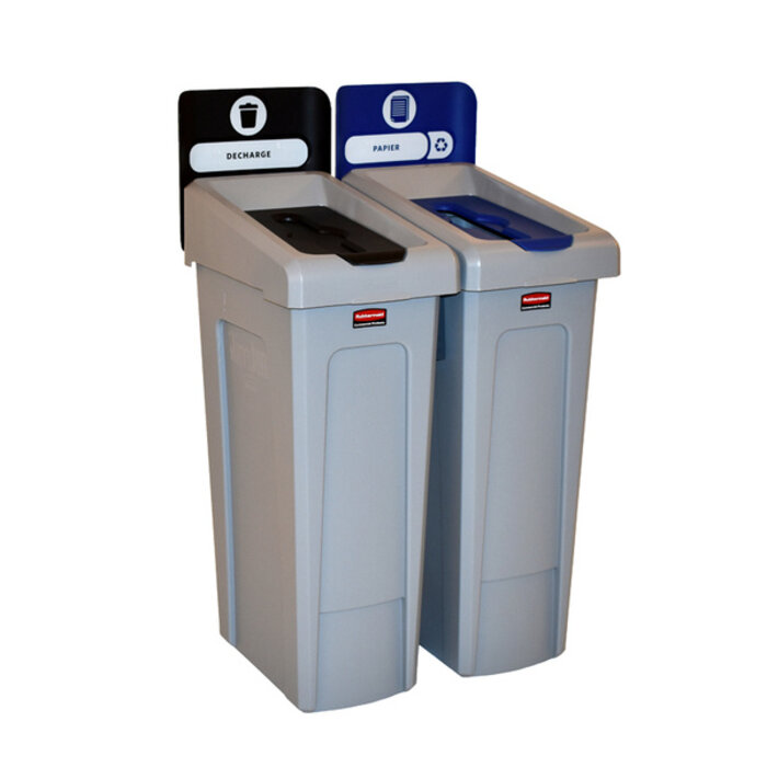 Rubbermaid Slim Jim Recyclingstation 2-stroom FR deksel gesloten (zwart)/papier (blauw) (grijs, zwart, blauw)