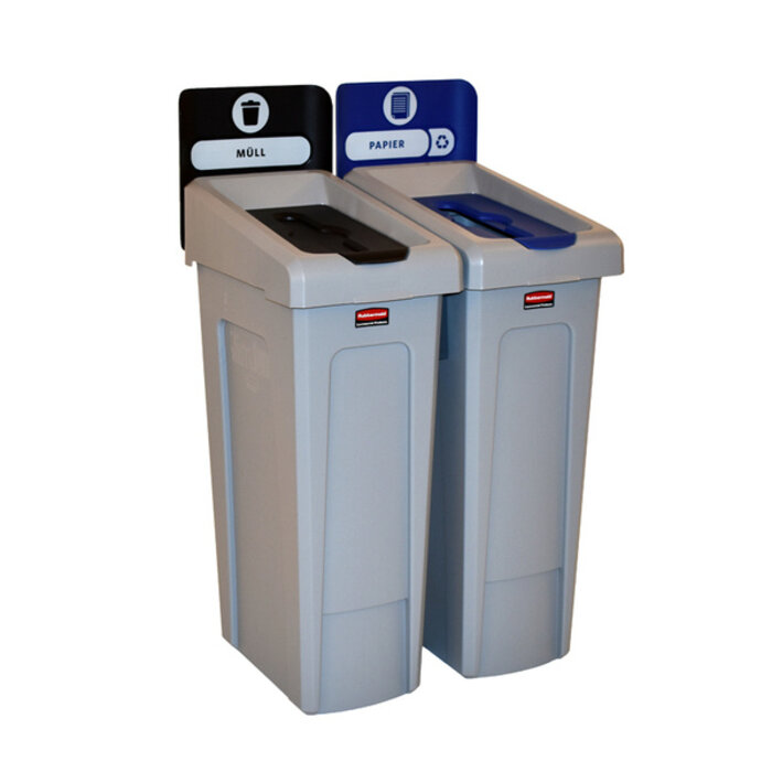 Rubbermaid Slim Jim Recyclingstation 2-stroom DU deksel gesloten (zwart)/papier (blauw) (grijs, zwart, blauw)