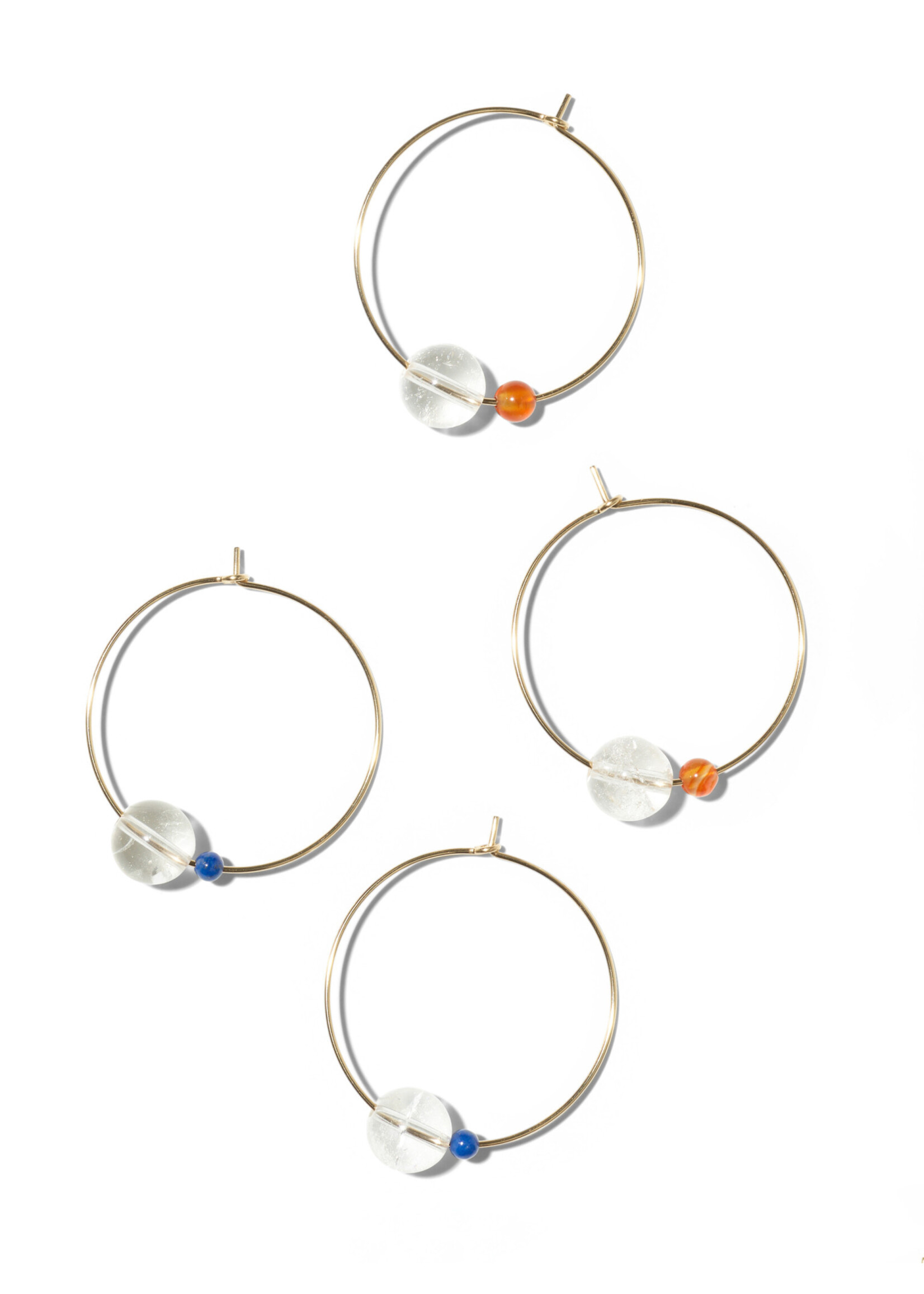 LALA, large hoop earrings, 14-karat gold filled, featuring rock crystal and lapis lazuli.