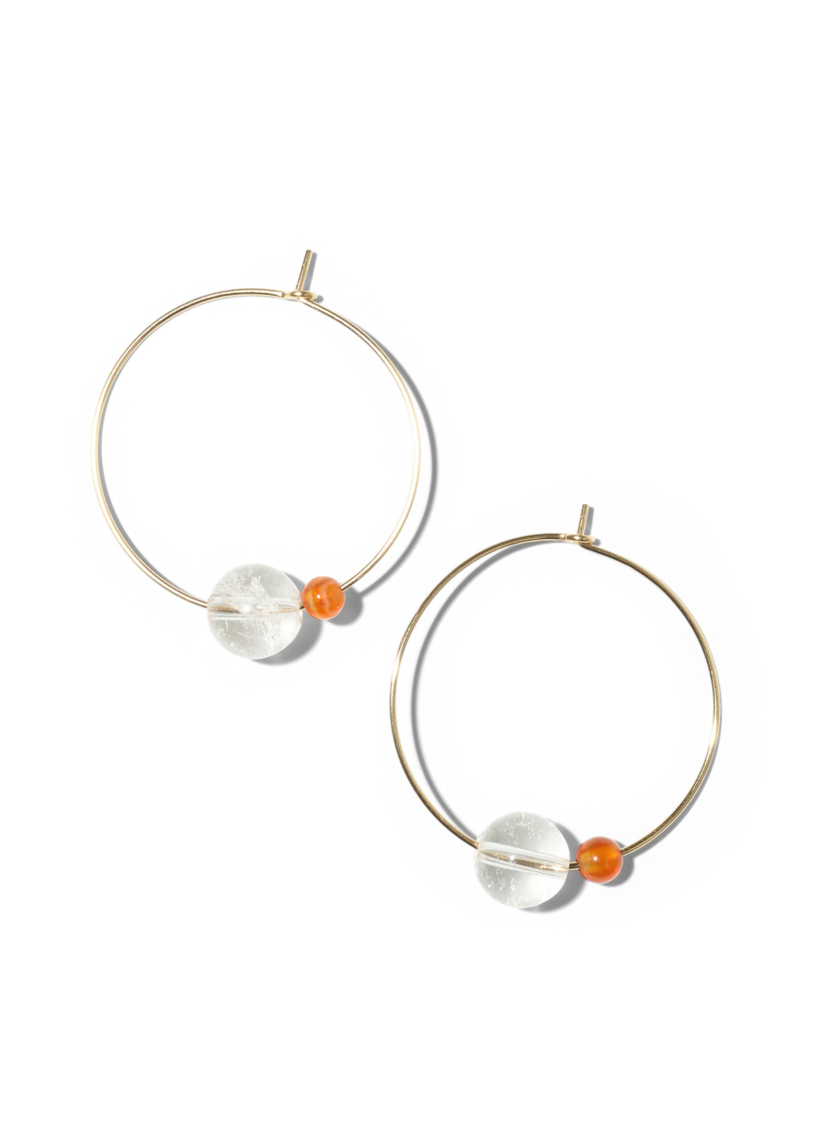 LALA, large hoop earrings, 14-karat gold filled, featuring rock crystal and carnelian.