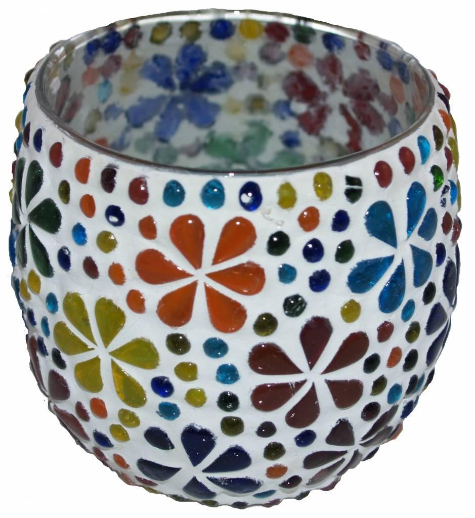 Teelichthalter aus Mosaik in Mehrfarben mit Blumenmuster, rund