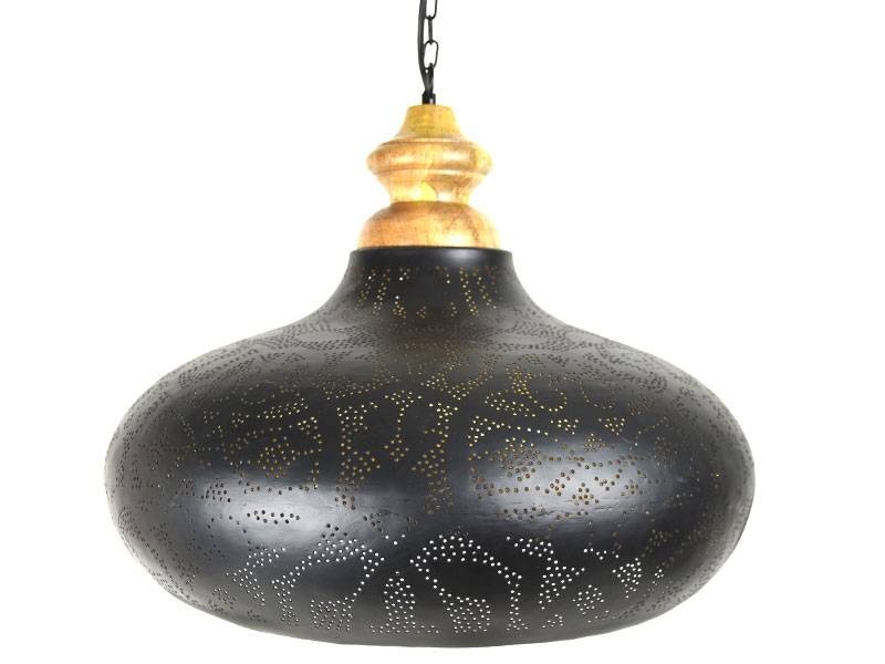 Hängelampe in Schwarz mit filigranen Mustern und Holz