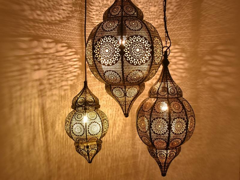3-teiliges Set orientalischer Hängelampen in Schwarz und Gold