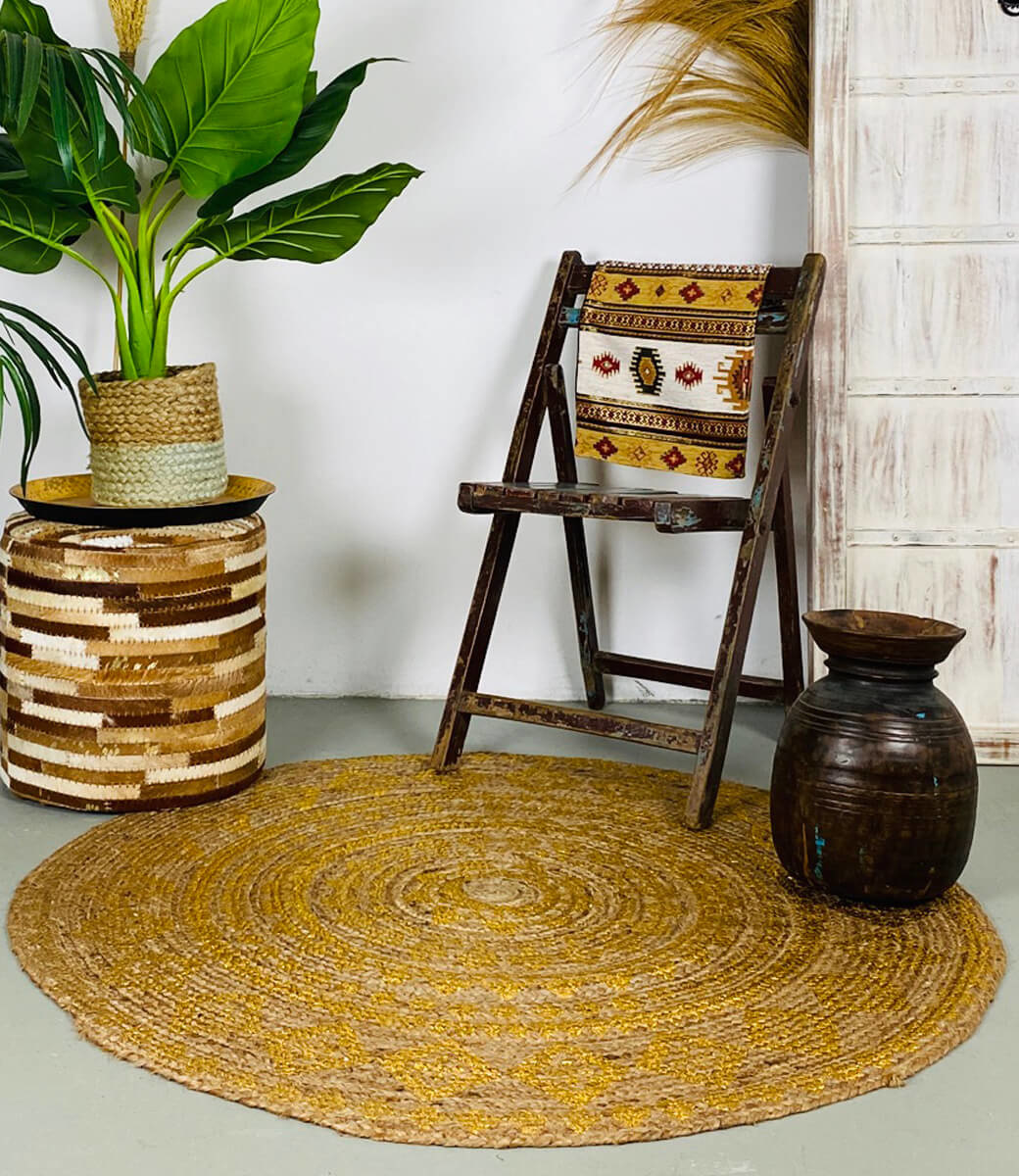 Runder Jute-Teppich mit Goldmuster