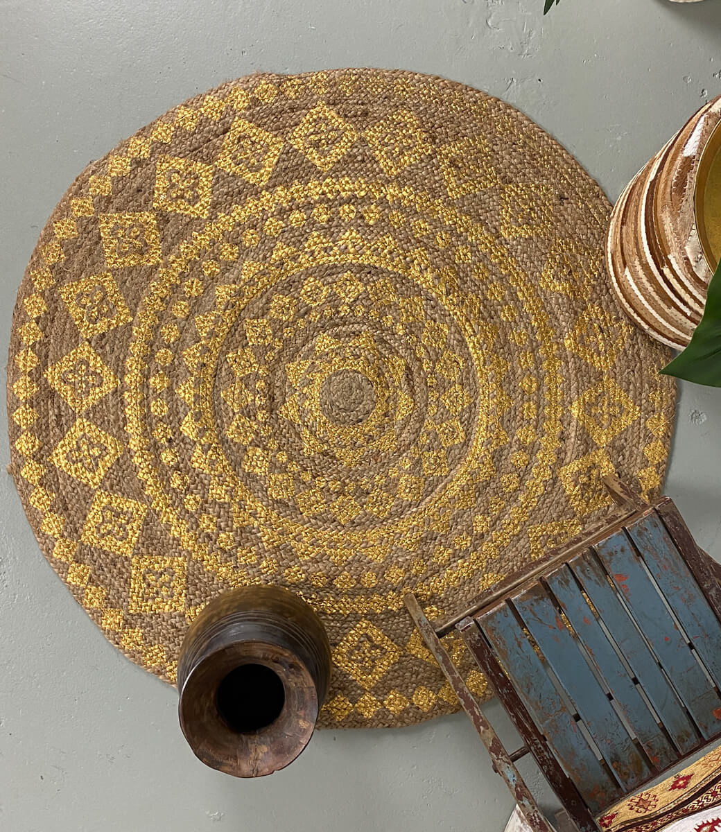 Runder Jute-Teppich mit Goldmuster
