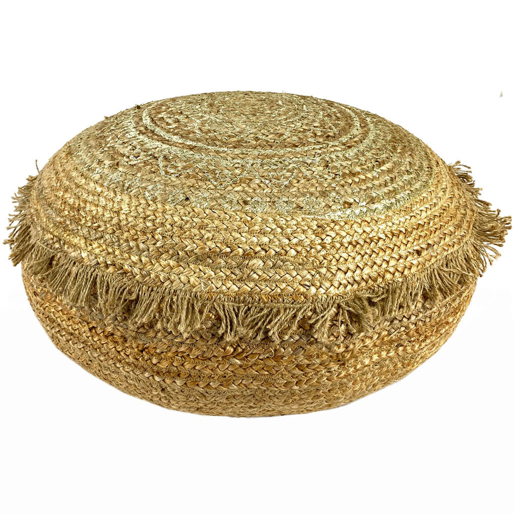 Jute-Pouf in Goldfarben mit Ibiza-Stil